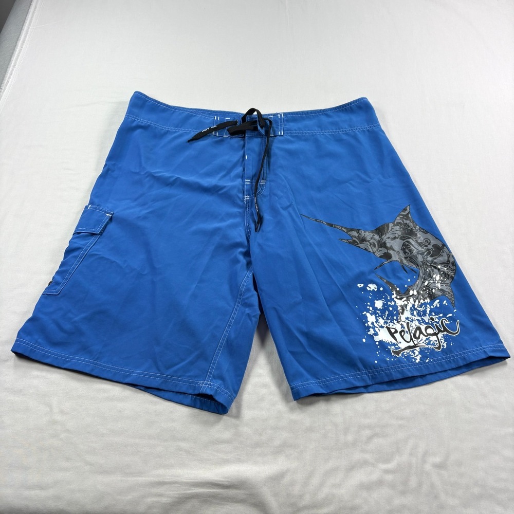 Pelagic Board Shorts Mens Size 38 Blue Graphic Swim Bathing Suit